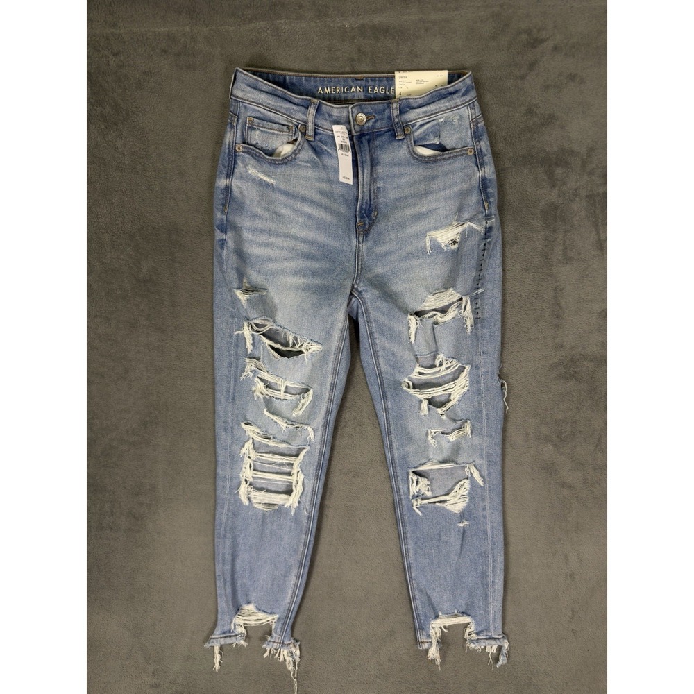 New American Eagle Jeans Womens 4 Short Blue Light Wash Distressed Denim Mom Fit